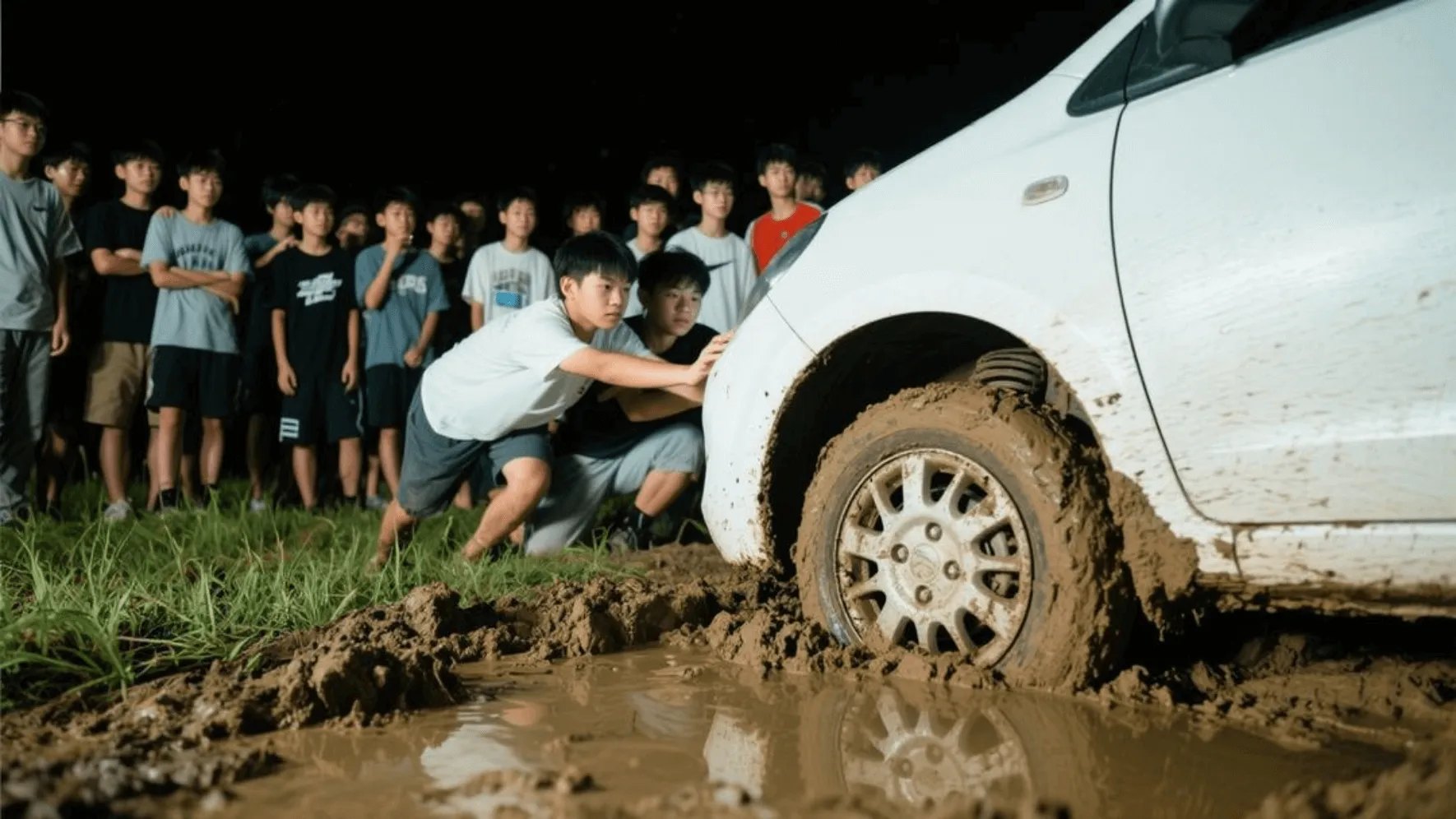 A group of young men trying to lift a car stuck in the mud