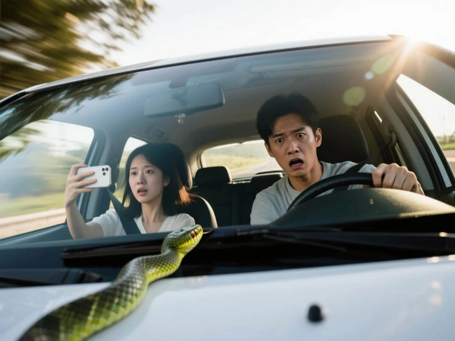 고속도로에서 보닛에서 뱀이 '자라났다'! 겁에 질린 운전자 소방서에 도움 요청, 뱀 예방 4가지 비법