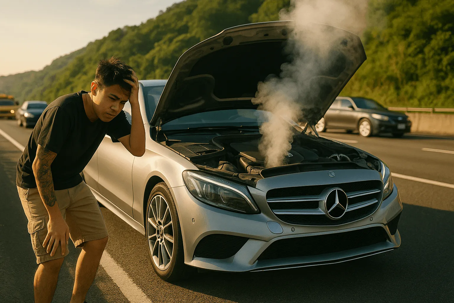 Xe hỏng trên đường cao tốc và khói bốc ra từ động cơ